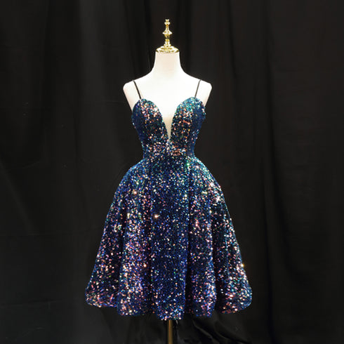 Navy Blue Sequin Cocktail Dress - Pretty Sequin Dress with Plunge Neckline - Spaghetti Strap Dress Plus Size